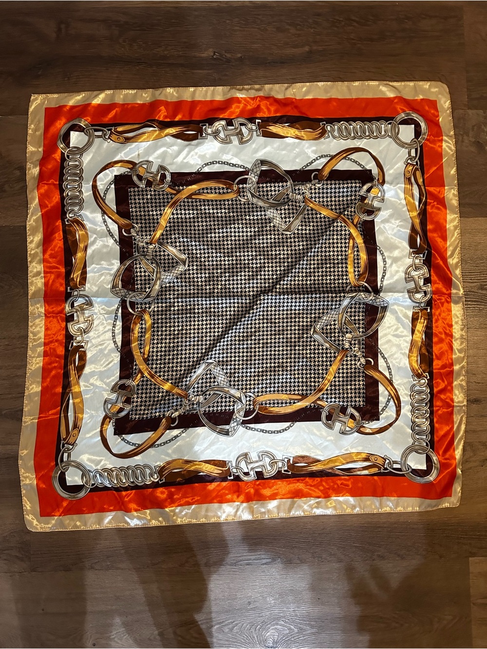 Silk-Inspired Equine Chain Horse Bridle Bit Print Scarf in Orange, Cream, Brown